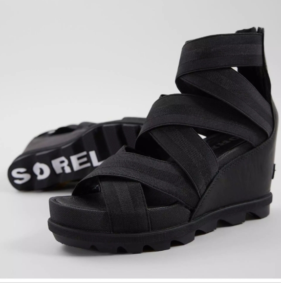 Sorel Black Joanie II Strappy Wedge Sandals Size 8 EUC - Picture 6 of 13